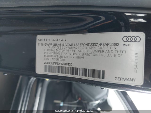 2017 AUDI A4 2.0T ULTRA PREMIUM VIN: WAUGMAF40HN048130