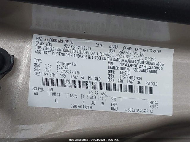 2017 FORD FOCUS SE VIN: 1FADP3F27HL230805