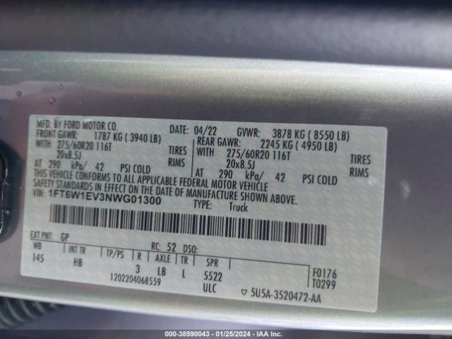 1FT6W1EV3NWG01300 Ford F-150 Lightning Lariat