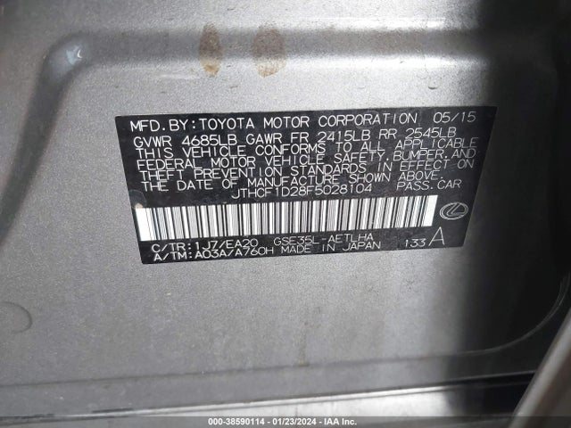 2015 LEXUS IS 250 VIN: JTHCF1D28F5028104