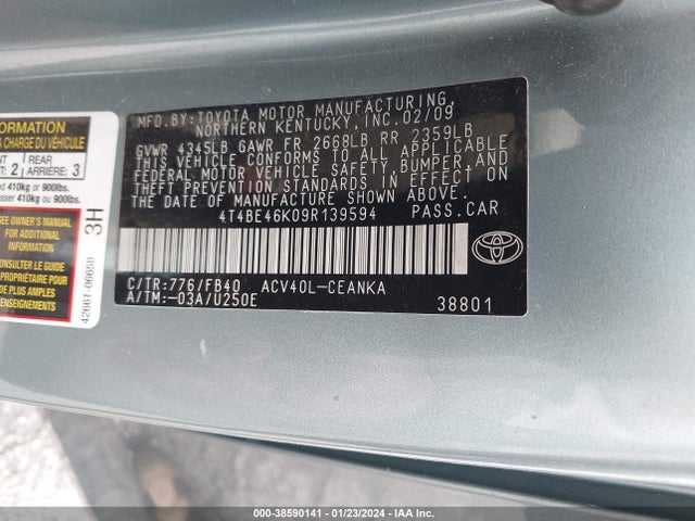 2009 Toyota Camry Le მანქანა იყიდება აუქციონზე, vin: 4T4BE46K09R139594, აუქციონის ნომერი: 38590141