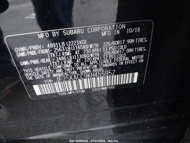 2019 SUBARU FORESTER VIN: JF2SKACC9KH455952