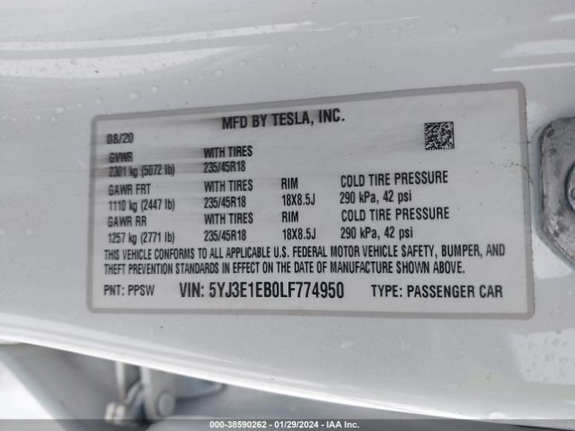 5YJ3E1EB0LF774950 Tesla Model 3 Long Range Dual Motor All-wheel Drive