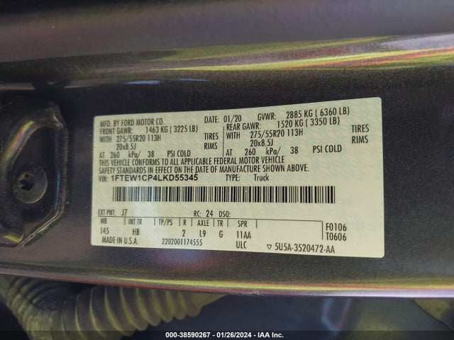2020 FORD F-150 LARIAT VIN: 1FTEW1CP4LKD55345