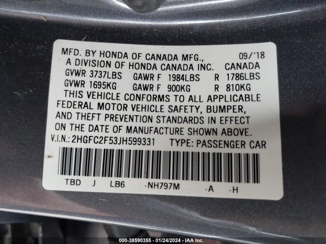 Honda Civic Lx 2018 2HGFC2F53JH599331 Image 9