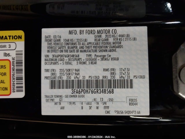 2016 FORD FUSION SE VIN: 3FA6P0H76GR348568