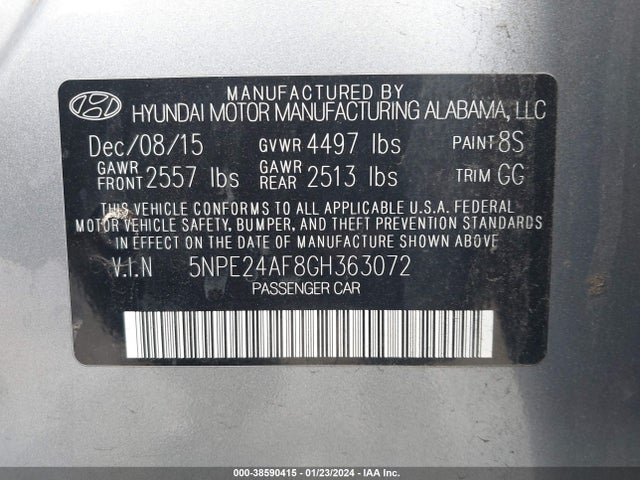 2016 HYUNDAI SONATA SE VIN: 5NPE24AF8GH363072