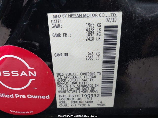 Nissan Altima 2.5 S 2019 1N4BL4BVXKC190932 Image 9