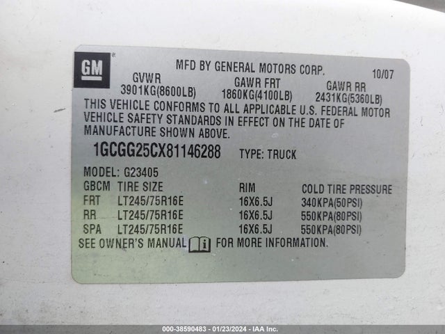 2008 CHEVROLET EXPRESS WORK VAN VIN: 1GCGG25CX81146288