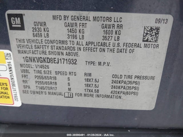 Chevrolet Traverse 1lt 2014 1GNKVGKD8EJ171932 Image 9