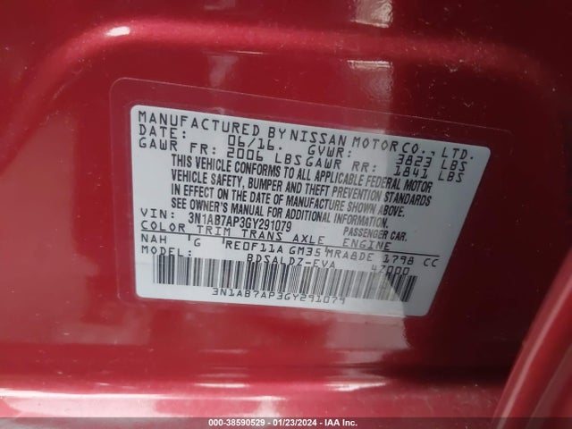 2016 NISSAN SENTRA SV VIN: 3N1AB7AP3GY291079