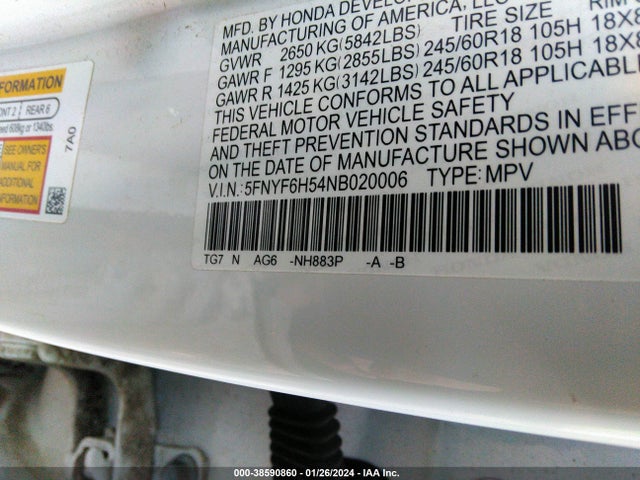 Honda Pilot Awd Ex-l 2022 5FNYF6H54NB020006 Image 9