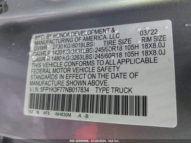 Honda Ridgeline Rtl-e 2022 5FPYK3F77NB017834 Image 9