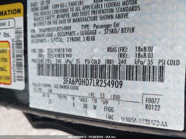 Ford FUSION SE 2020 3FA6P0HD7LR254909 Image 9