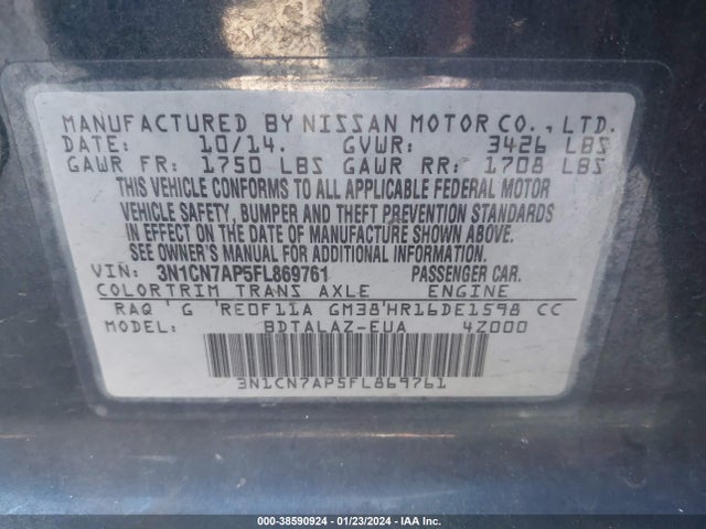 Nissan Versa S/s Plus/sv/sl 2015 3N1CN7AP5FL869761 Image 9