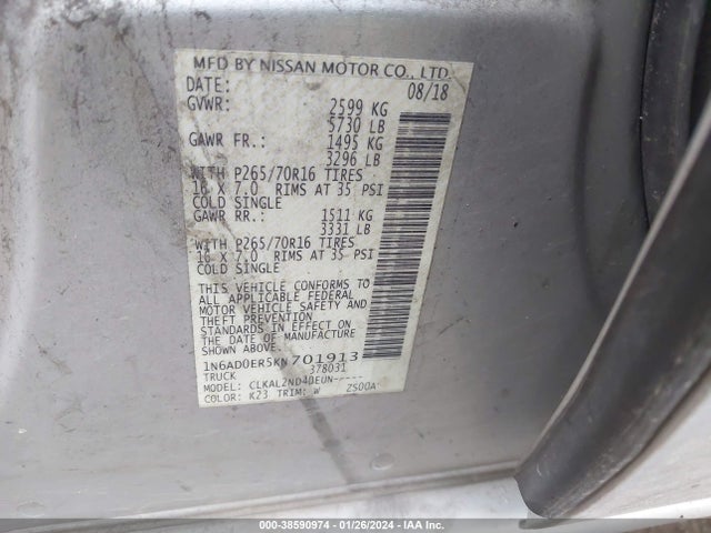 Nissan Frontier Sv 2019 1N6AD0ER5KN701913 Image 9