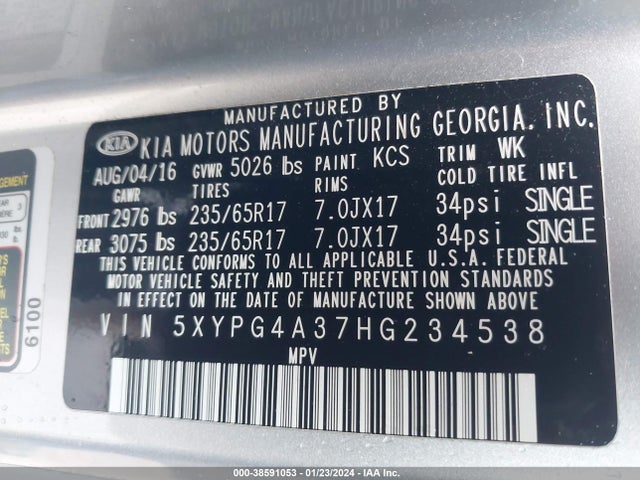 KIA Sorento 2.4l Lx 2017 5XYPG4A37HG234538 Image 9