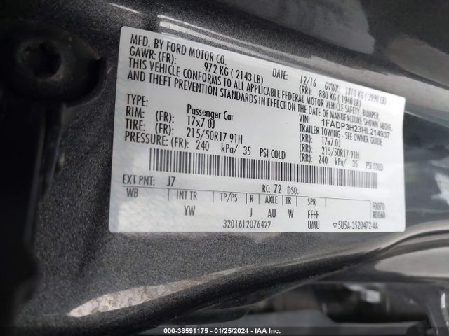 2017 FORD FOCUS SEL VIN: 1FADP3H23HL214937