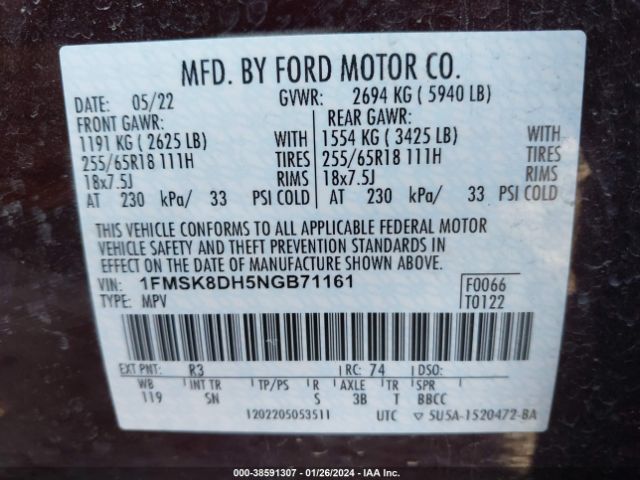 1FMSK8DH5NGB71161 Ford EXPLORER XLT