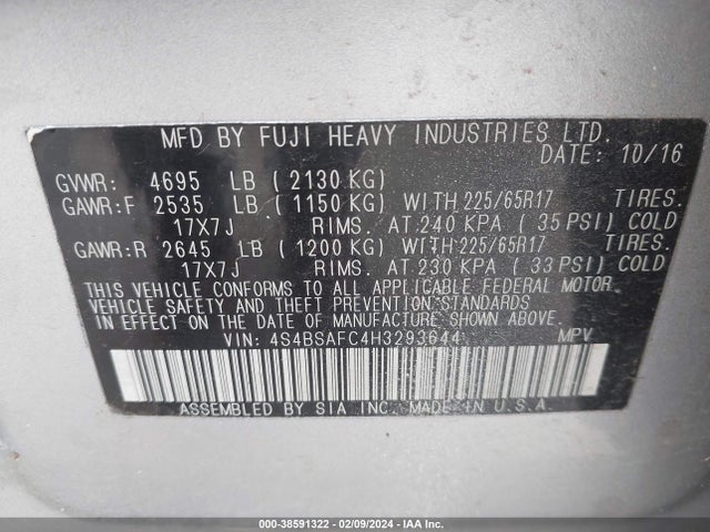 Subaru Outback 2.5i Premium 2017 4S4BSAFC4H3293644 Image 9