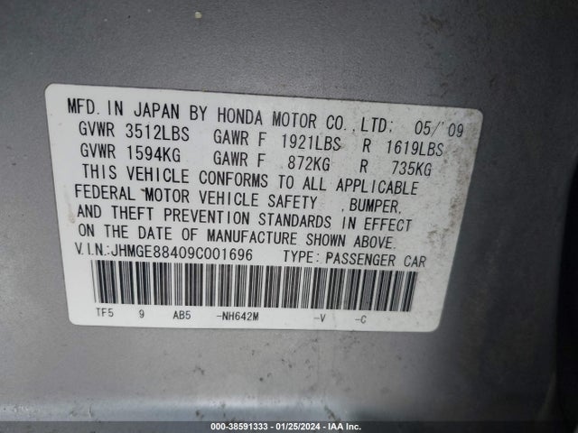 2009 HONDA FIT SPORT VIN: JHMGE88409C001696