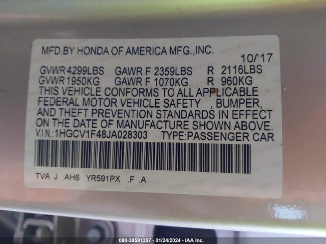 Honda ACCORD EX 2018 1HGCV1F48JA028303 Image 9