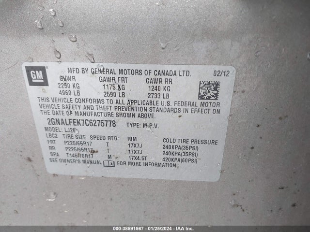 2012 CHEVROLET EQUINOX LTZ VIN: 2GNALFEK7C6275778
