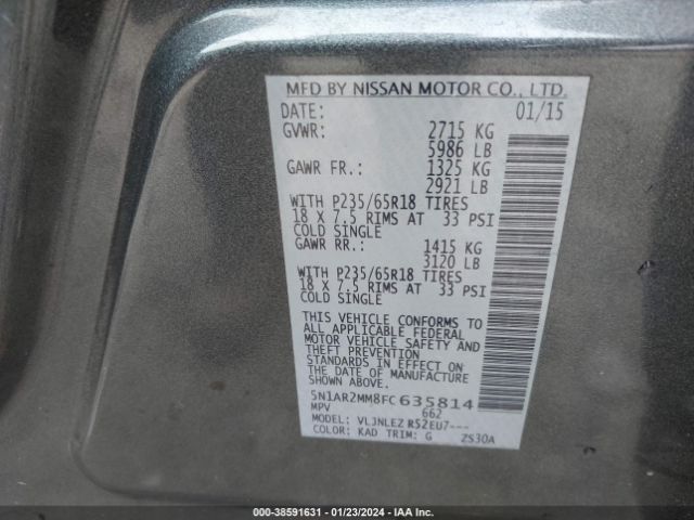 5N1AR2MM8FC635814 Nissan Pathfinder Platinum/s/sl/sv