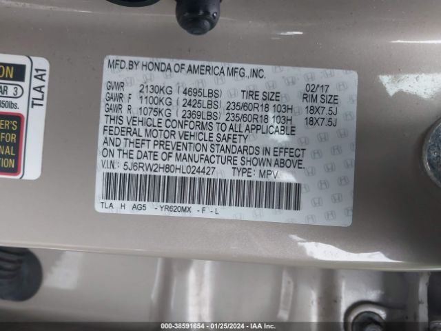 5J6RW2H80HL024427 Honda Cr-v Ex-l/ex-l Navi