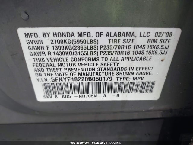 2008 HONDA PILOT VP VIN: 5FNYF18228B050179