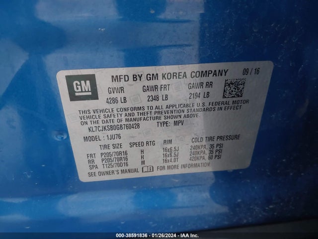 Chevrolet Trax 1ls 2016 KL7CJKSB0GB760428 Image 9
