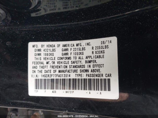 Honda ACCORD EX 2015 1HGCR2F77FA013514 Image 9