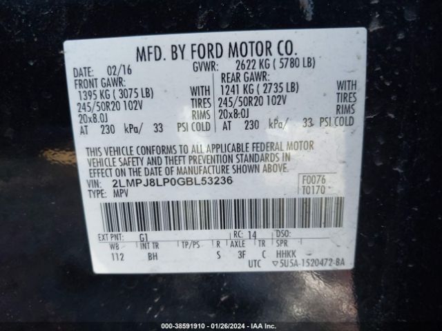 2LMPJ8LP0GBL53236 Lincoln Mkx Reserve