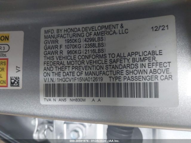 1HGCV1F15NA012619 Honda ACCORD LX