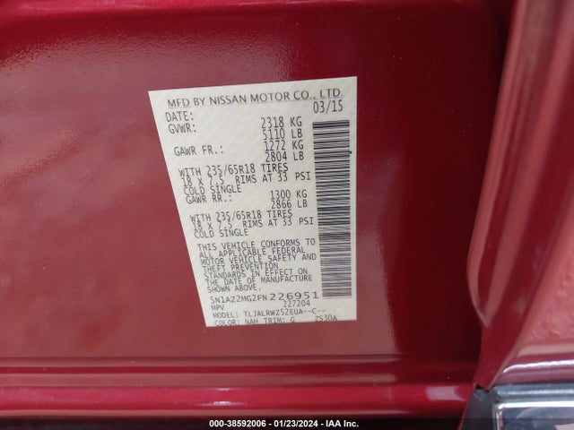 Nissan MURANO SL 2015 5N1AZ2MG2FN226951 Image 9