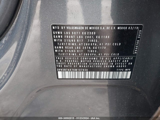 3VV2B7AX7KM107636 Volkswagen Tiguan 2.0t Se/2.0t Sel/2.0t Sel R-line/2.0t Sel R-line Black