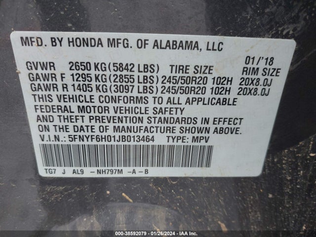 Honda Pilot Elite 2018 5FNYF6H01JB013464 Image 9