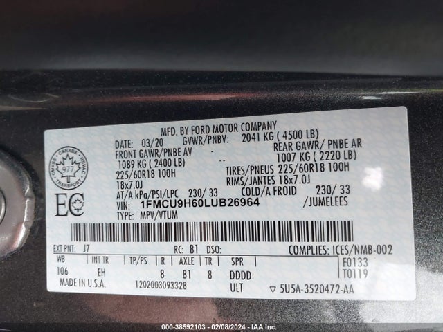 Ford ESCAPE SEL 2020 1FMCU9H60LUB26964 Image 9