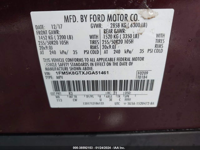 Ford EXPLORER SPORT 2018 1FM5K8GTXJGA51461 Image 9