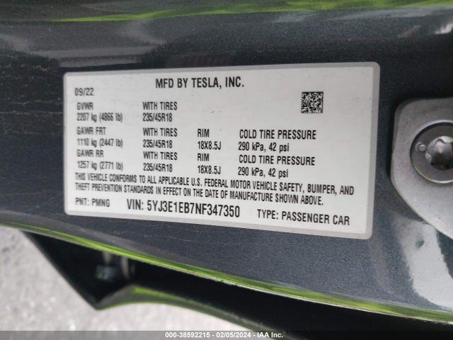 5YJ3E1EB7NF347350 Tesla Model 3 Long Range Dual Motor All-wheel Drive