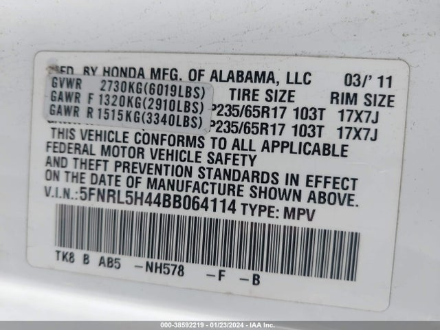 Продажа на аукционе авто 2011 Honda Odyssey Ex, vin: 5FNRL5H44BB064114, номер лота: 38592219