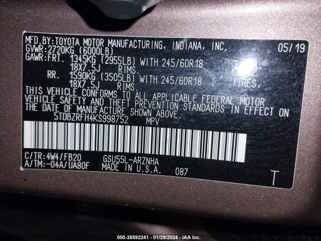 Toyota Highlander Le 2019 5TDBZRFH4KS998752 Image 9