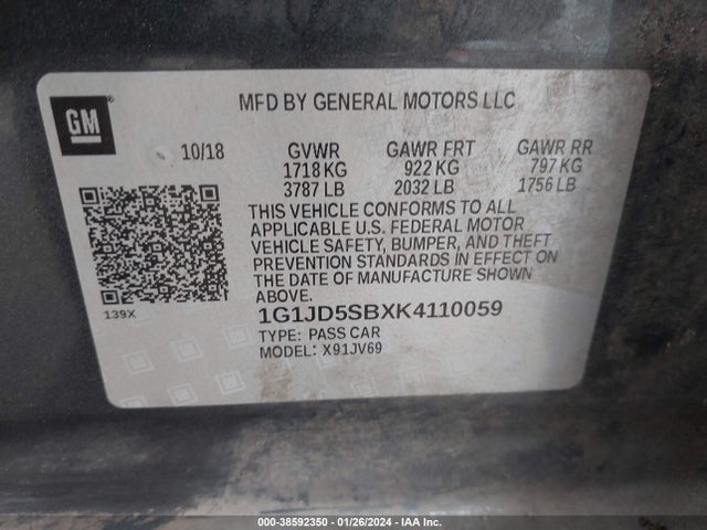 Chevrolet Sonic Lt Auto 2019 1G1JD5SBXK4110059 Image 9