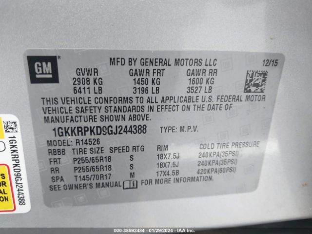 1GKKRPKD9GJ244388 GMC Acadia Sle-2