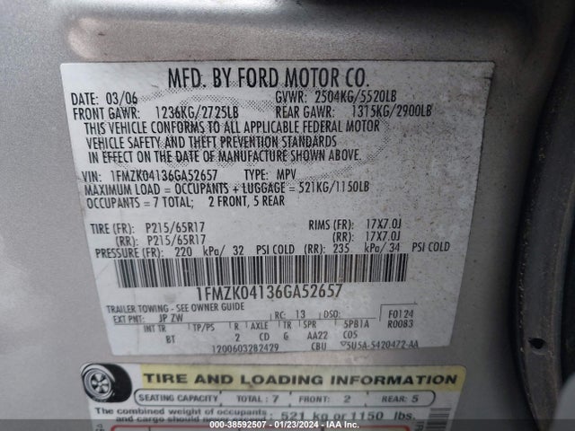 2006 FORD FREESTYLE SE VIN: 1FMZK04136GA52657