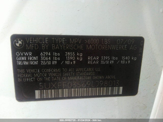 2009 BMW X5 XDRIVE35D VIN: 5UXFF03569LJ98013