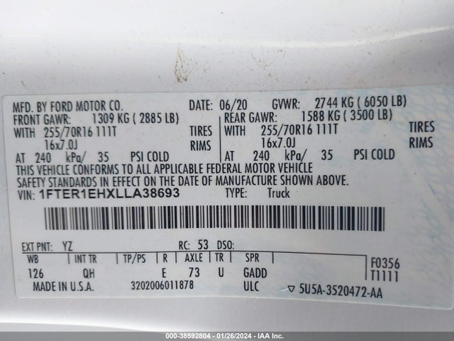 Ford RANGER XL 2020 1FTER1EHXLLA38693 Image 9
