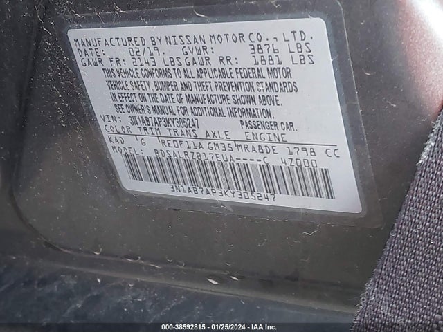Продажа на аукционе авто 2019 Nissan Sentra Sr, vin: 3N1AB7AP3KY305247, номер лота: 38592815