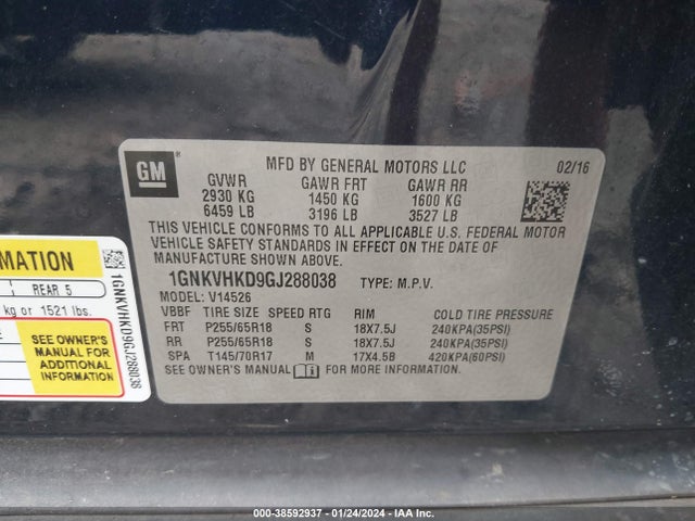 Chevrolet Traverse 2lt 2016 1GNKVHKD9GJ288038 Image 9