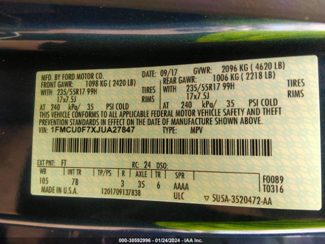 1FMCU0F7XJUA27847 Ford ESCAPE S